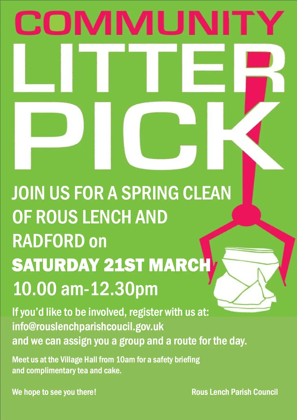 Community Litter Pick flyer - spring clean of Rous Lench and Radford, Saturday 21st March, 10am to 12.30pm