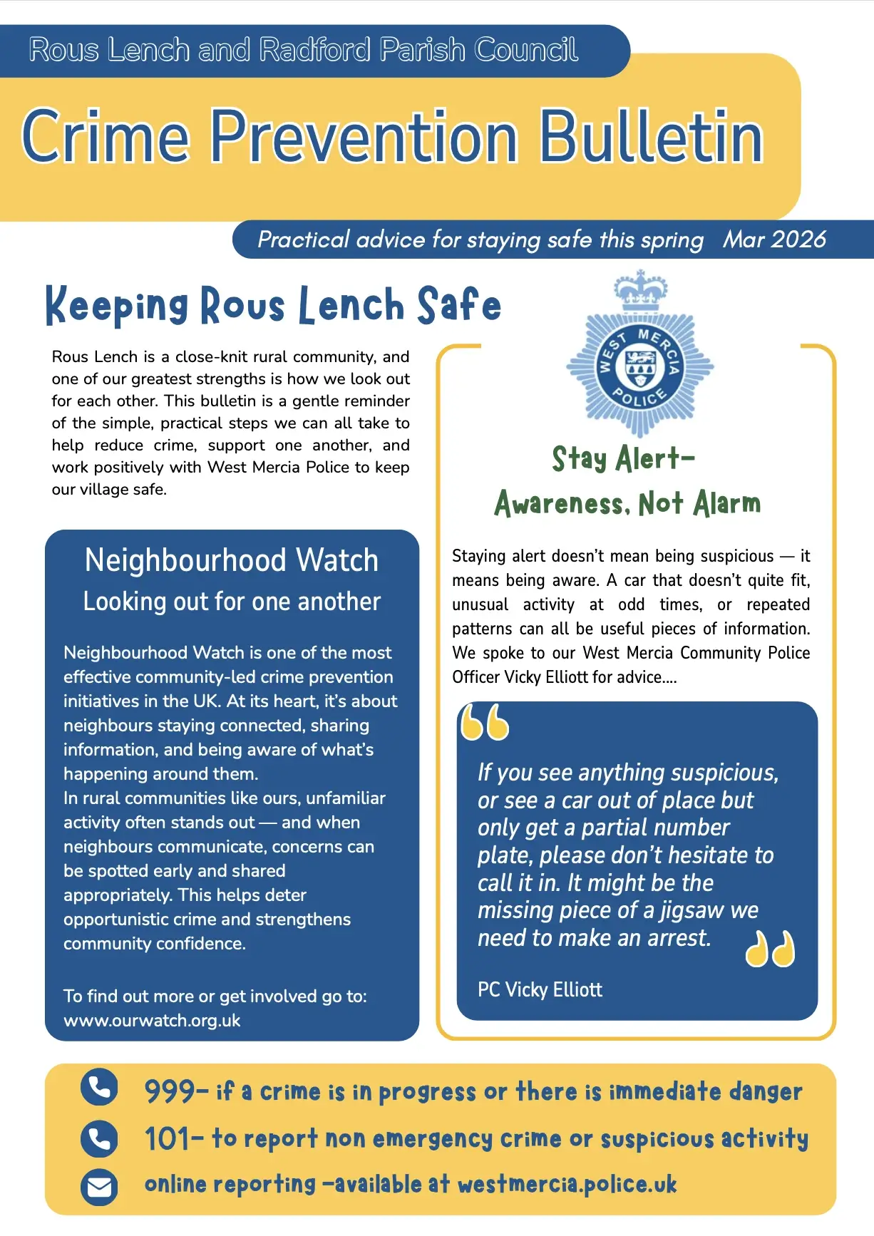 Keeping Rous Lench Safe - spring 2026 crime prevention bulletin, page 1
